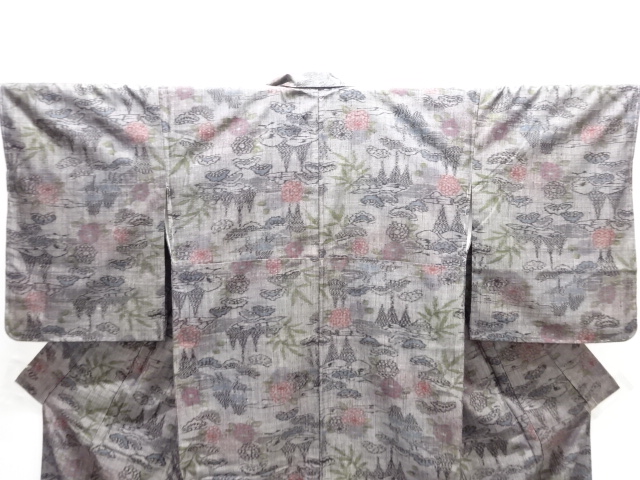  アンティーク　松菊模様織り出し手織り紬着物